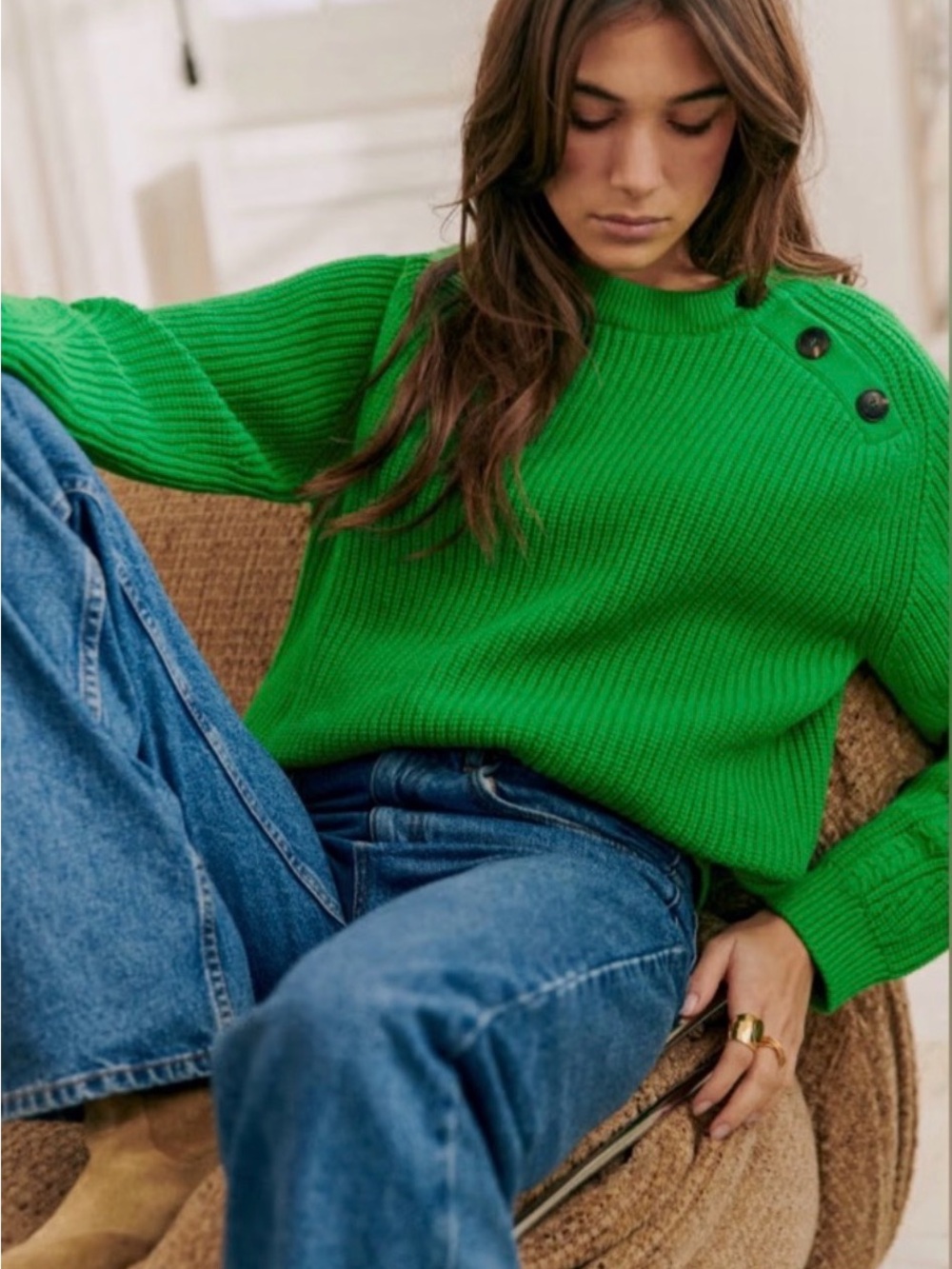 Sezane Green Ribbed Crewneck Sweater with Shoulder Buttons